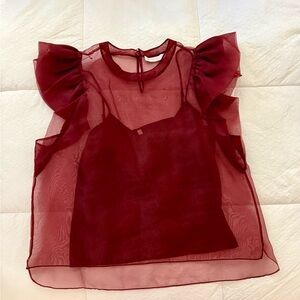 Jonathan Simkhai Deep Red Sheer Ruffle Blouse